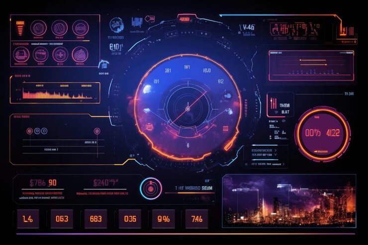Photo 하이테크 비주얼라이제이션을위한 활기찬 네온 조명을 가진 미래의 인터페이스 gui ui ux 디자인을위한 hud 요소 인터페이스 hud gui 기술 배경 디지털 데이터를 표시하는 ai 생성