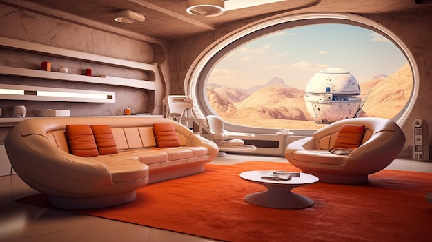 화성의 집에 있는 거실의 미래주의적 인 인테리어 디자인