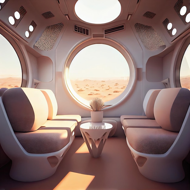 ジェネレーティブ AI で作成された明るい壁と快適な座席を備えた宇宙船の未来的なインテリア