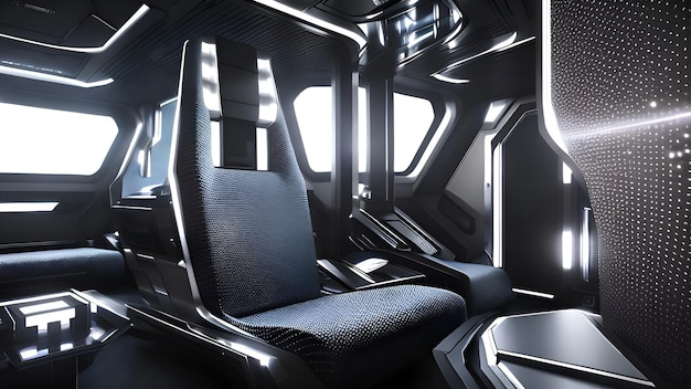 A futuristic interior of a vehicle with a black seat and a white sign