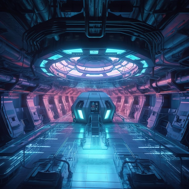 A futuristic interior with blue lights and a blue and pink neon sign that says'cyberpunk '