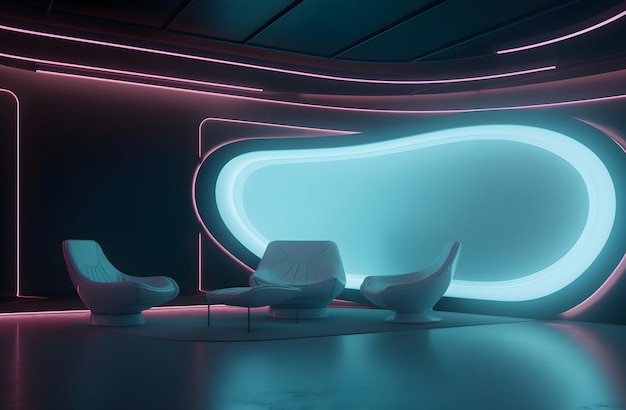 A futuristic interior with a blue and pink neon light