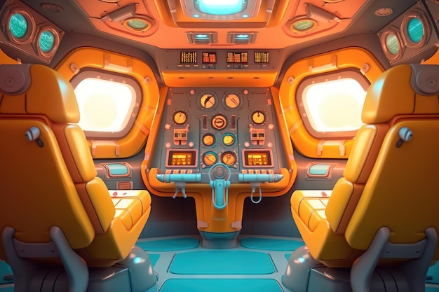 A futuristic interior with a cockpit and the gauges for the instrument.