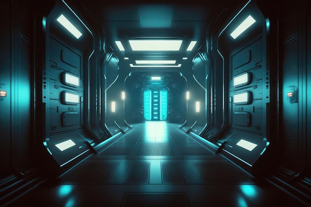 A futuristic interior with lights and a door.