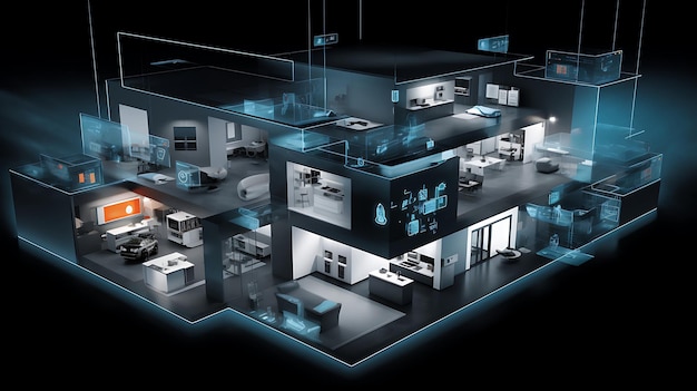 Futuristic Internet connected smart home with various devices house