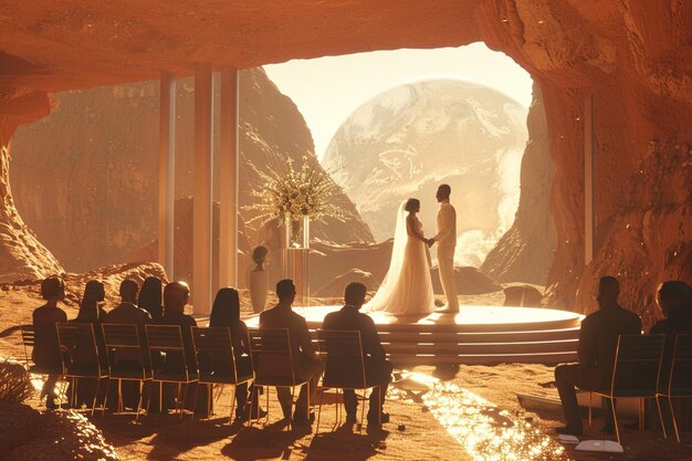 Futuristic interracial wedding ceremony on Mars oc