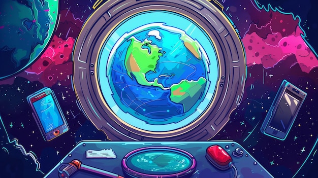 Photo futuristic interstellar rocket travel cartoon banner feature a small round window with a cosmos and planet earth view a smartphone a pen and a home red button modern illustration of a futuristic