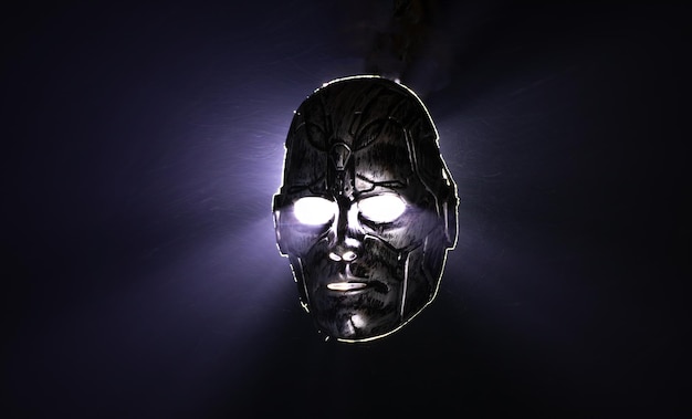 futuristic iron mask on black background