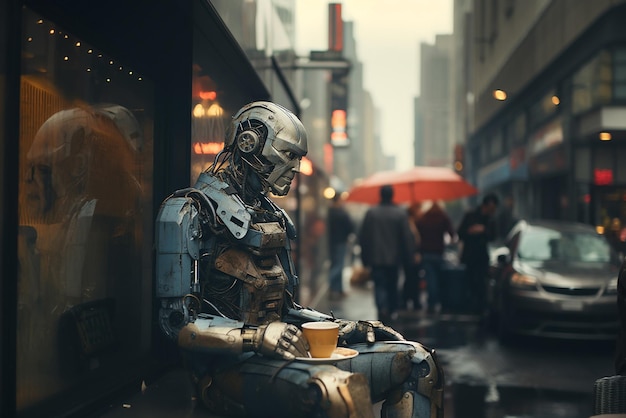 未来的な鉄のロボットの男性は路上でヒューマノイド