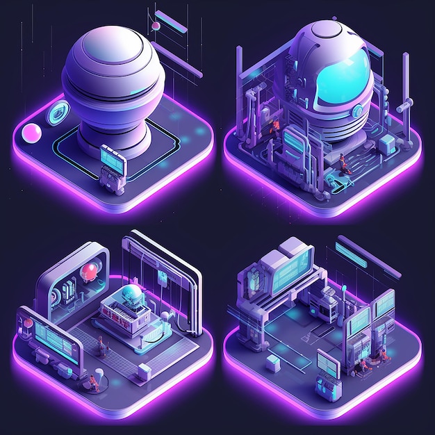 Futuristic isometric icons 3d tech emoji game and biz art for virtual worlds digital transformation