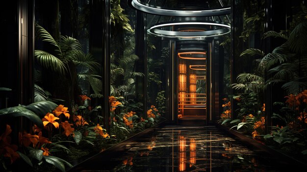 Futuristic Jungle Corridor with Orange Flowers and Circular Light Fixture A Mysterious Atmosphere