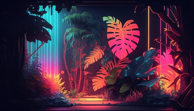 Futuristic jungle in neon cyberpunk style by Generative AI