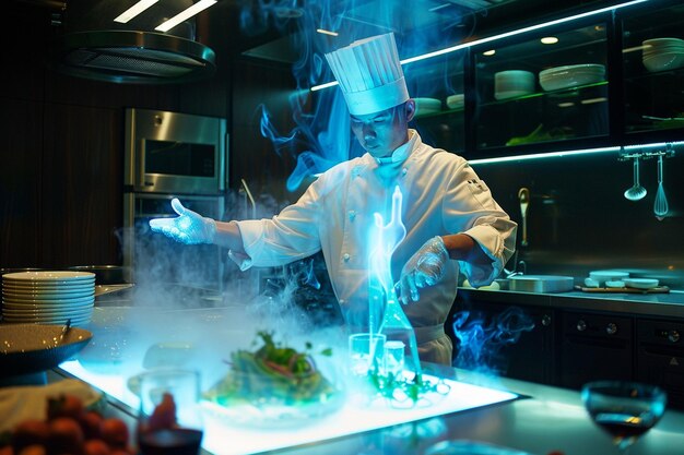 Photo the futuristic kitchen becomes a stage as the chef generative ai