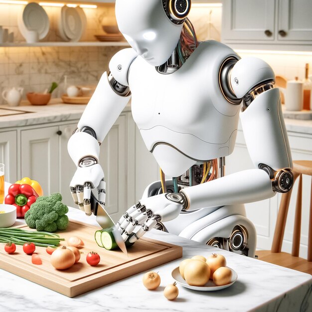 Futuristic kitchen help robot chopping vegetables on cutting board