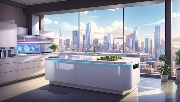 大きなガラス窓と先進的な家電を備えた未来的なキッチン