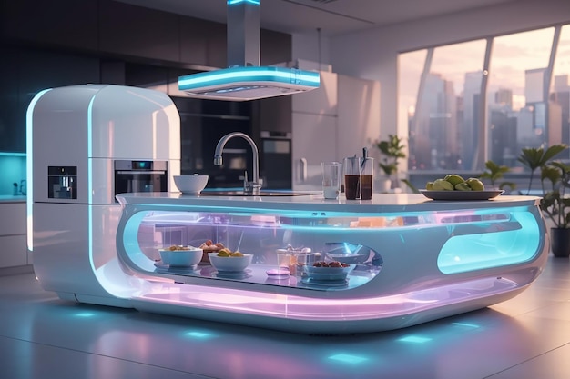 Foto una cucina futuristica con elettrodomestici olografici e un'isola galleggiante