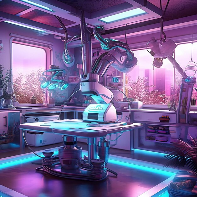 futuristic kitchen with a large table and a large robot generative ai