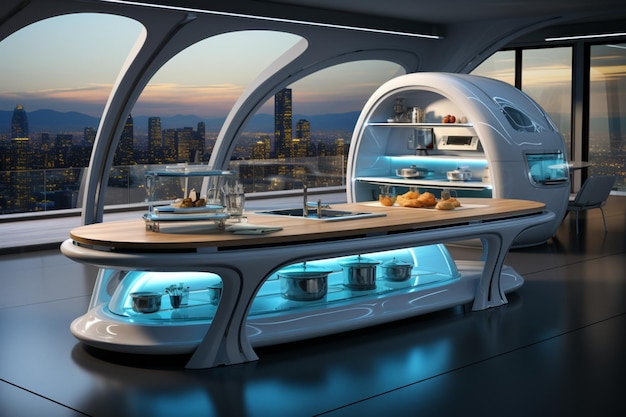 Futuristic kitchen with a modern design aesthetic infused with innovative technology