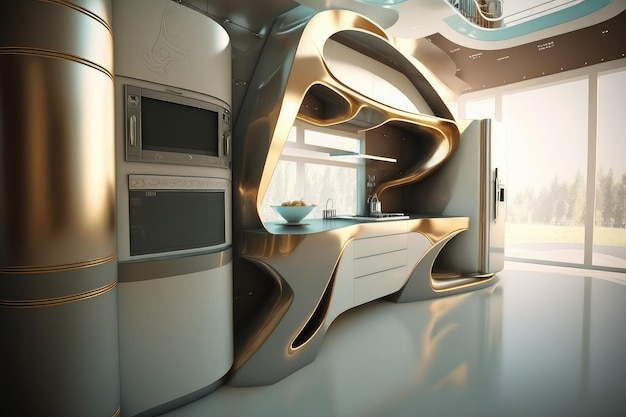 洗練されたモダンな家電製品のフローティングシェルフとメタリックなアクセントを備えた未来的なキッチン