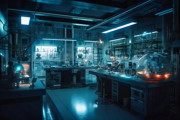 A futuristic laboratory featuring cuttingedge digital technology and advanced scientific equipment