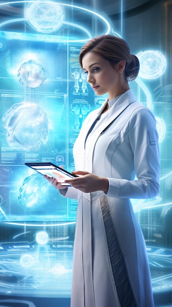 Photo in a futuristic laboratory a female doctor is present holding a tablet computer