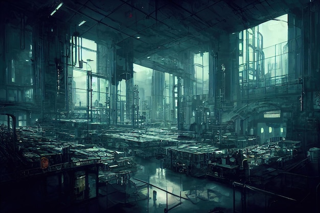 Futuristic laboratory interior factory with intricate machinery
and instruments factory interio