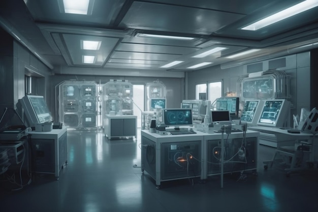 Futuristic laboratory room with equipment and hitech devices generative ai