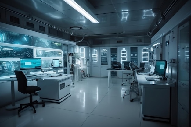 Futuristic laboratory room with equipment and hitech devices generative ai