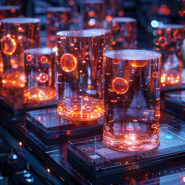 Фото Футуристические лабораторные флаконы с светящимися оранжевыми частицами