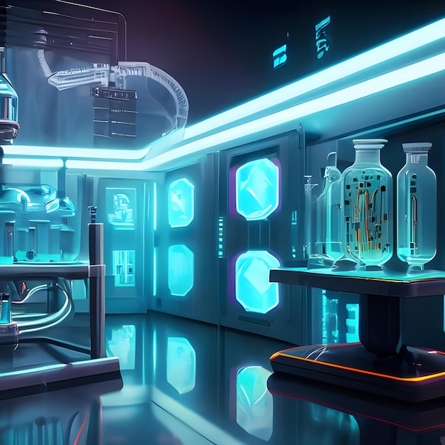 Foto un laboratorio futuristico con fiale luminose e display olografici style