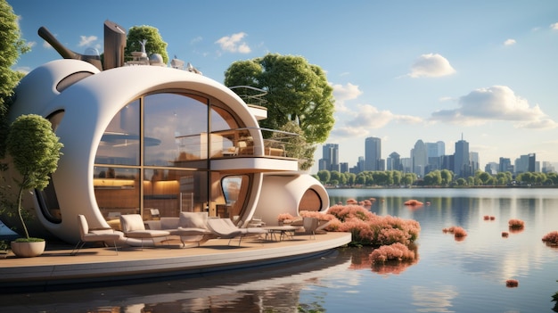 Futuristic lake house with city skyline view