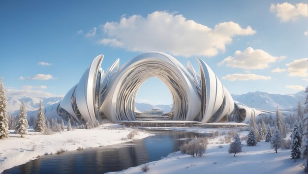 Futuristic landscape of a future city in winter