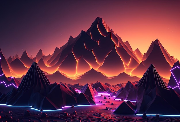 Photo a futuristic landscape lowpolygon mountains illuminated by neon light on a gradient background immersion in a surreal digital virtual cyber world 3d rendering ai generated