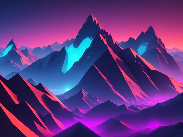 Футуристический ландшафт с низкими многоугольными горами, освещенными неоновым светом на градиентном фоне
