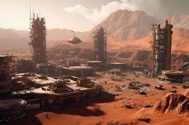 Photo futuristic landscape of mars with colony buildings spaceships and laboratories generative ai