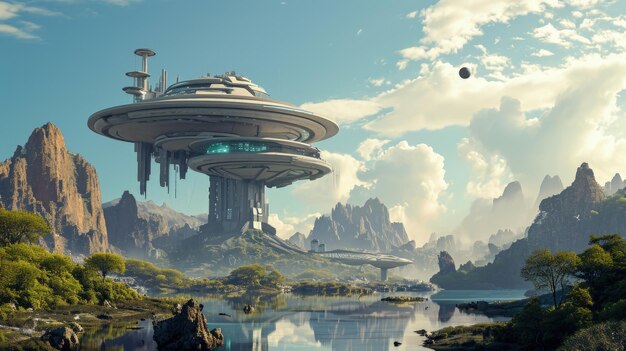 A Futuristic Landscape With a Floating Island