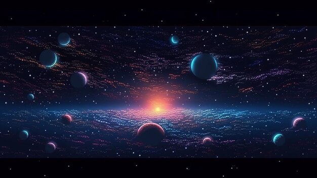 写真 夕暮れの山々と未来的な風景 深い宇宙 ベクトルイラスト生成的ai