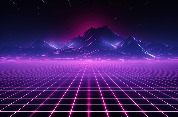 futuristic landscape with mountains and grid neon