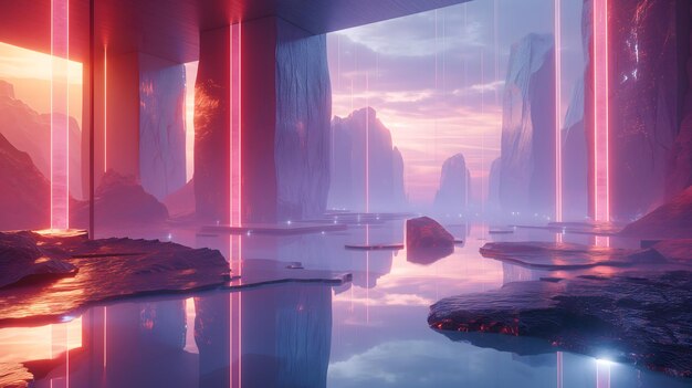 Futuristic landscape with neon lights and serene water