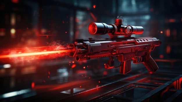 Futuristic laser rifle with red beam aiming in blue haze