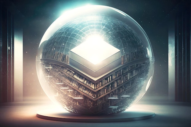 Futuristic library data center in form of giant crystal ball with rays generative ai