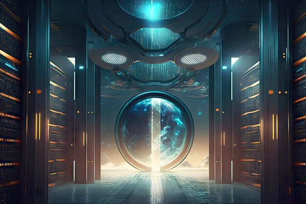 futuristic library data center in style of space and future generative ai