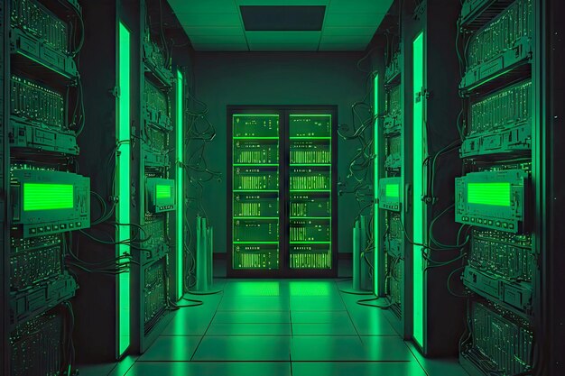 Футуристический центр обработки данных библиотеки со светящимися зелеными стенами и компьютерами, генерирующими искусственный интеллект