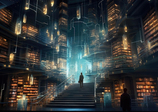 A futuristic library scene where AI robots assist students in finding resources amidst towering shel