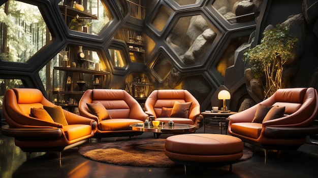 A futuristic library with comfy chairs and sofas