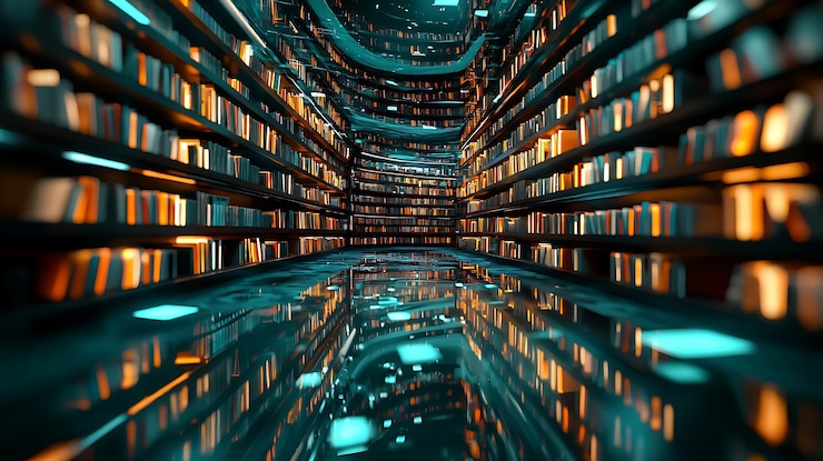 Photo futuristic library with virtual bookshelves and digital archives