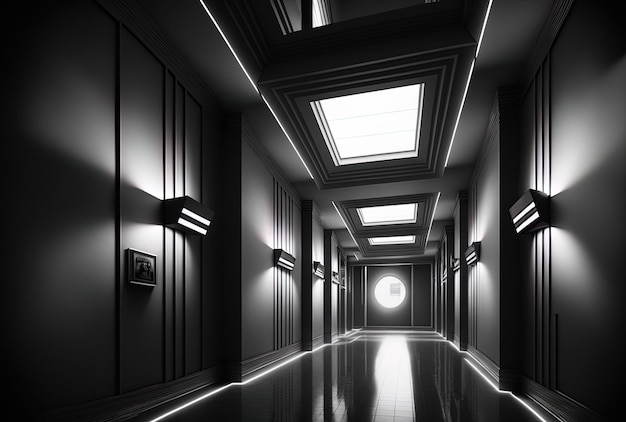 Futuristic lit hallway in grayscale