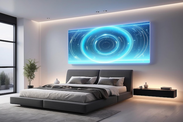 音声制御スマートホームモックアップの未来的なLiving LED壁画