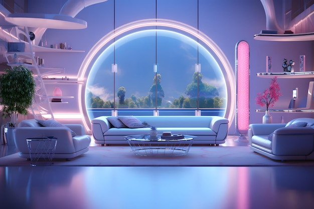 futuristic living room interior with holographic elements and innovative furniture