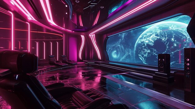 Futuristic living room with neon accents